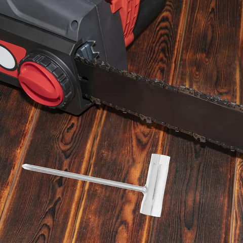 Heavy Duty Four Piece Chainsaw Wrench Socket Set With Bar Adjustment Tool, ergonomic grip, chainsaw and adjustment tool on wooden surface.