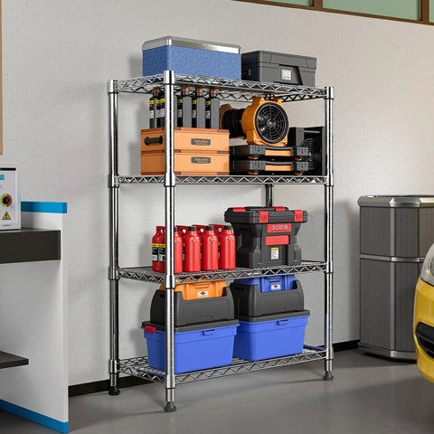 Rock Solid Heavy Duty 4 Tier Steel Wire Storage Rack With Durable Chrome Finish loaded with tools and bins in garage setting.