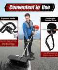 Beast 52cc Gas Power Sweeper With 2 Stroke Engine, Handheld Side Mounted Broom, Air Cooled System, Walk Behind Leaf Cleaner For Lawns, Turf And Artificial Grass Debris, shown with adjustable handle and shoulder strap