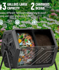 43 Gallon Outdoor Dual Chamber Compost Bin With Fast Assembly Tumbler For Quick Kitchen And Garden Waste Recycling Gloves Included Weatherproof Black Easy Box To Compost In Minutes.