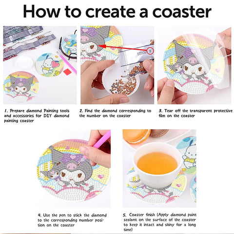 Instructions for Diamond Art Coasters Set With Holder For Adults And Kids showing 5 steps from preparation to completion.