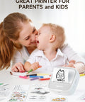 Portable Sticker Printer Grab And Go Mini Bluetooth Thermal Inkless Printer for iPhone and Android on table with mother and child