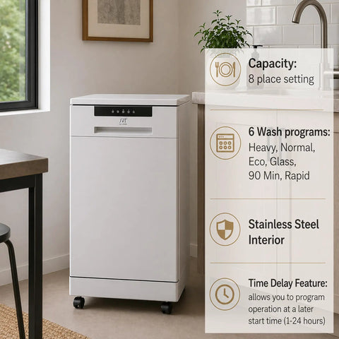 Game Changing 18 Inch Portable Dishwasher With Stainless Steel Tub And Six Hardworking Wash Cycles For No Sweat Cleanup Energy Star Approved Slick White Style Holds Eight Place Settings Daily in kitchen setting.