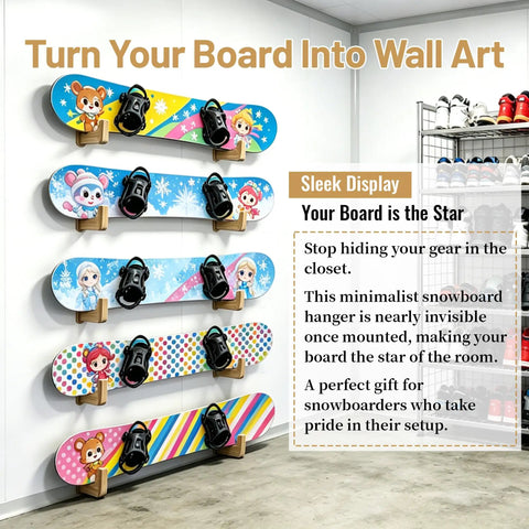 Universal Skateboard And Snowboard Wall Mount Bamboo Rack For Horizontal Storage Indoor And Outdoor showcasing colorful boards on wall