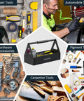 Grippy Handle Metal Tool Tray Portable Tote For Home Garage Warehouse And Shop Easy Tool Organization Durable Black Metal Storage Tray For Wrenches Screwdrivers And Small Parts surrounded by various tools.