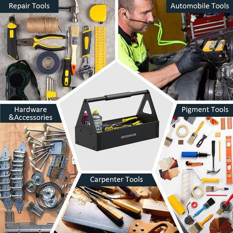 Grippy Handle Metal Tool Tray Portable Tote For Home Garage Warehouse And Shop Easy Tool Organization Durable Black Metal Storage Tray For Wrenches Screwdrivers And Small Parts surrounded by various tools.