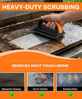 Hand using griddle cleaning kit with 3 replacement scouring pads for flattop grills rust removal, bristle-free stainless mesh cleaner.
