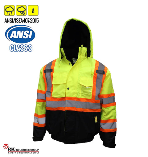 Hi Vis Bomber Workwear Jacket For Outdoorsmen, ANSI Class 3 High Visibility Neon Lime Waterproof With 2 Inch Reflective Taping Front Back And Sleeves, Heavy Duty Safety Coat For Construction And Trades, Size Large