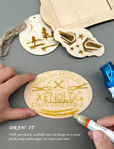 Hands using markers from Beginner Friendly Wood Burning Kit With Markers Heat Gun Wood Slices Stencils Transfer Paper Pencil And Plaques.