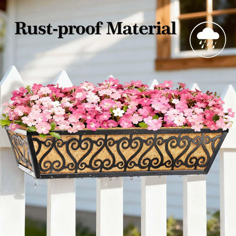 Two Pack 24 Inch Deck Railing Planter Box With Adjustable Brackets And Coco Liners Weatherproof Metal Construction displayed on a fence with blooming flowers.
