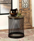 Premium Drum Base Accent Table Featuring A Perforated Quatrefoil Metal Lattice And Rich Mango Wood Top, with plant.