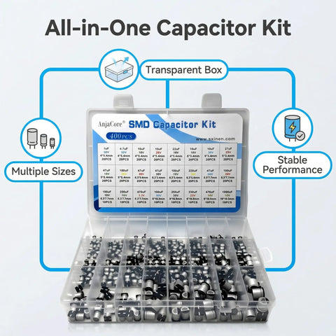 No Brainer 400Pcs SMD Aluminum Electrolytic Capacitor Kit With 24 Values From 1Uf To 1000Uf in transparent storage box.