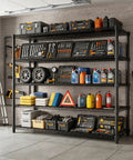 Heavy Duty 5 Tier Wire Shelving Rack With Massive Load Rating For Garage Pantry Kitchen Organization And Commercial Display That Is Legit Bombproof Setup For Your Home Office filled with tools and supplies.