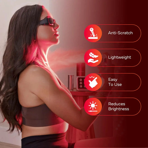Next Gen Red Light Therapy Glasses Extra Dark Ir5 Lenses Shield Peepers With Near Infrared Light For Ageless Glow Vibe Zero Wrinkle Stress And Skincare Flexes Smart Lens Design worn by a woman with red light treatment.