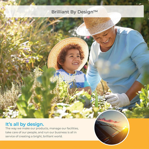 Grandparent and child gardening together under the sun, wearing straw hats. Smiling while tending to plants in vibrant garden setting.