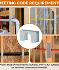 16 Gauge Galvanized Stud Shoes For 2x Studs With 6.25 Inch Height And 1.5 Inch Width, Fits Up To 2 3/8 Inch OD Pipes, Thicker Higher Reinforcement For Weakened Studs, IBC And IRC Code Compliant, Extra Durable Two Piece Set shown installed on wooden studs in various views.