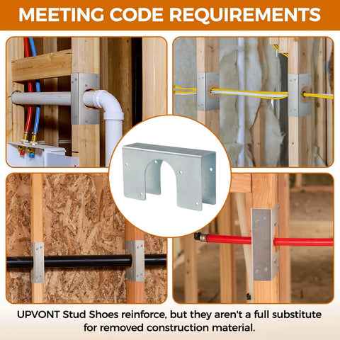 16 Gauge Galvanized Stud Shoes For 2x Studs With 6.25 Inch Height And 1.5 Inch Width, Fits Up To 2 3/8 Inch OD Pipes, Thicker Higher Reinforcement For Weakened Studs, IBC And IRC Code Compliant, Extra Durable Two Piece Set shown installed on wooden studs in various views.