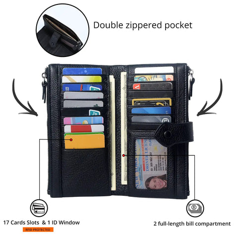 Women's Soft Leather RFID Blocking Bifold Slim Wallet With Double Zipper Pockets 17 Card Slots And ID Window For Everyday Carry Secure Stylish Card Holder Black open view