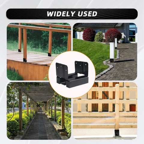 10 Pack 4x4 Post Base Anchors For Concrete, Wood Or Iron Posts, Great For Pergolas, Fences, Decks, Mailboxes, And Other Outdoor Posts, Heavy Duty Bracket Kit In Black shown installed on various outdoor structures.