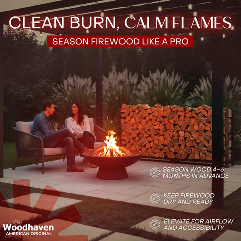 Outdoor scene with Heavy Duty Steel Firewood Rack For Indoors And Outdoors Built To Last Holds Half Cord Of 24 Inch Logs Raised Lumber Storage Keeps Firewood Dry And Ready Made In USA With Lifetime Structural Warranty without cover, next to a fire pit with a couple sitting.