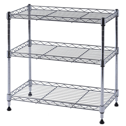 Badass Heavy Duty Steel Adjustable Wire Shelving Rack With Three Slick Chrome Shelves ideal for garage or basement storage.