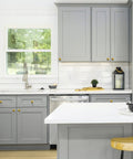 Premium Zinc Cabinet Knobs Featuring A Killer Gold Finish And Fresh Euro Style Vibe Built Different For Long Lasting Performance A Straight Up Quality 30 Pack Furniture Hardware Refresh installed on gray kitchen cabinets.