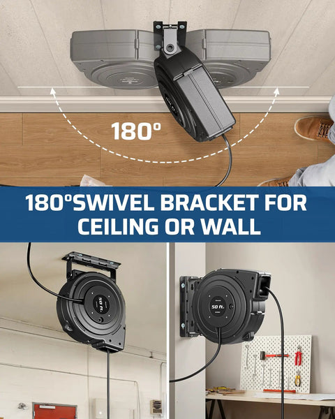 Heavy Duty 50 Foot Retractable Extension Cord Reel Rock Solid Sjtow Cables shown with 180° swivel bracket for wall and ceiling mounting.