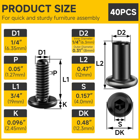Quarter Inch Pro Grade Twenty By Three Quarters Flat Head Socket Cap Screws And Barrel Nuts Kit With Hex Key dimensions chart showing sizes for furniture assembly.