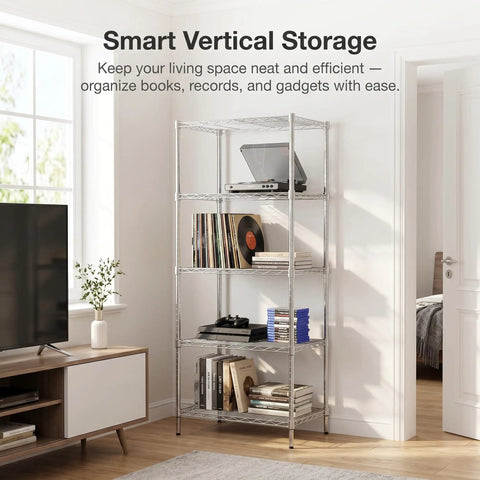 Built Like A Tank Heavy Duty Five Tier Wire Shelving Rack With Thick Steel Frame And Adjustable Chrome Pantry Shelves For Kitchen Laundry Home Storage Organization, with books and a record player.
