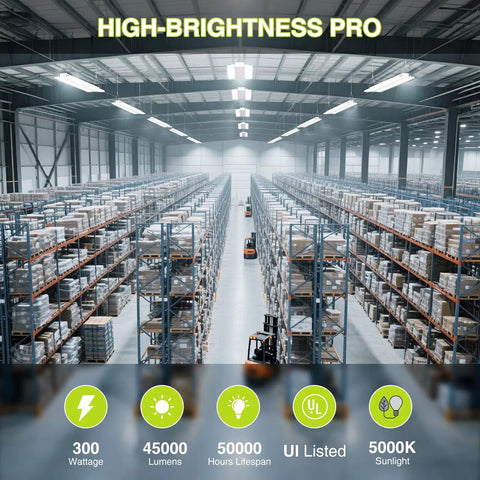 Warehouse lit by 4 Pack 300W LED Linear High Bay Shop Lights With Motion Sensor, showing bright central lighting, 45000 Lumens, 5000K Daylight