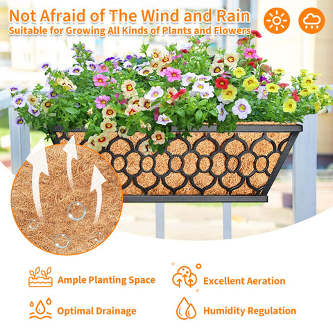 Two Pack 16 Inch Window Box Planters With Coco Liner For Railing shown with colorful flowers on metal deck railing.