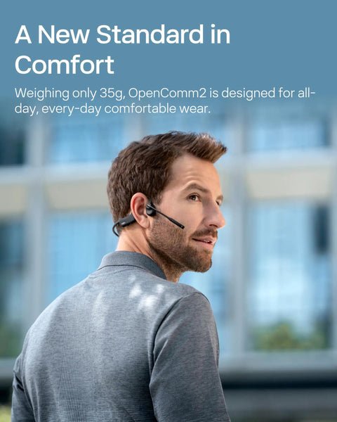 Man wearing Open Ear Bone Conduction Headset For Work Calls And Meetings Wireless Bluetooth Headphones