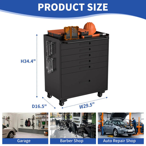 30-Inch Rolling Tool Cabinet With Lockable Caster Wheels And Full Extension Slides, showcasing dimensions and use in various settings.