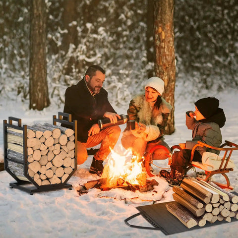 Heavy Duty Firewood Rack For Indoor Outdoor Use With Thickened Metal Construction beside family by campfire in snow