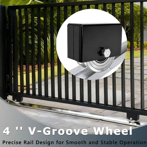 4 Inch V Groove Sliding Gate Roller Wheels 2 Pack Featuring Rugged Steel Construction and Welded Mounting Brackets for a Badass Smooth Glide on Any Heavy Duty Fence Gate Track Replacement, showcasing wheel detail.