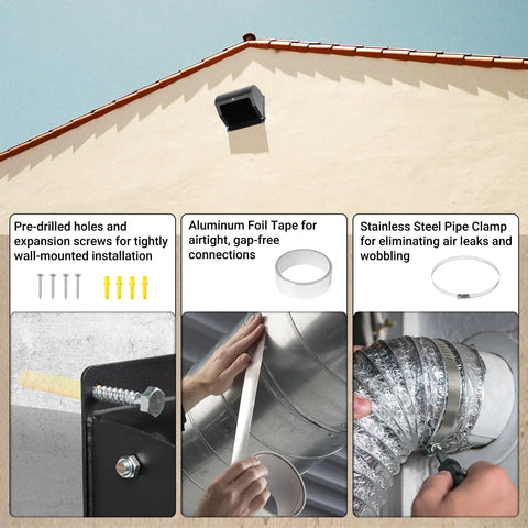 Heavy-Duty 4-Inch Dryer Vent Cover With Screen And Damper, Black 14 Gauge Steel, shown installed on an exterior wall