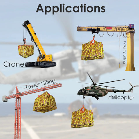 Heavy Duty Nylon Pallet Cargo Hoisting Net Six Foot Square Industrial Lifting Rig For Trucks And Construction Sites shown in crane, tower, and helicopter applications.