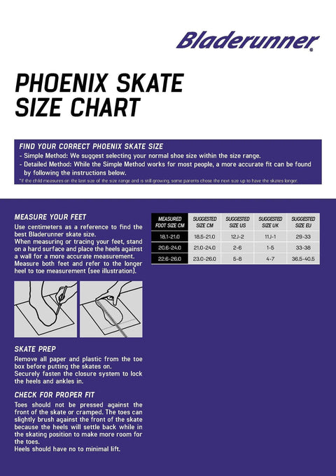 Phoenix skate size chart with measurement guide and fitting instructions by Bladerunner