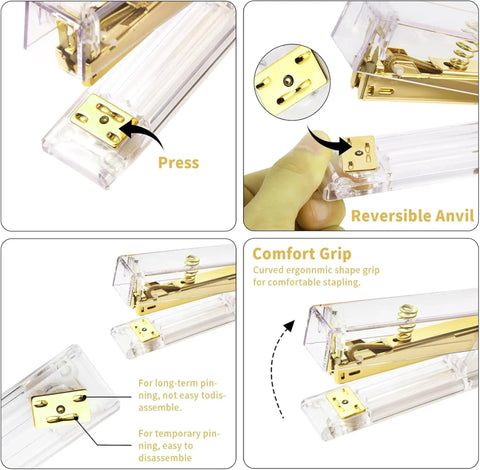 Detailed view of acrylic stapler components from Shiny Gold Tone Office Desk Accessories Set With Acrylic Stapler Tape Dispenser Staple Remover Pen Holder Scissors Binder Clips 1000 Staples And Ballpoint Pen For A Must Have Neat Pro Style Workspace