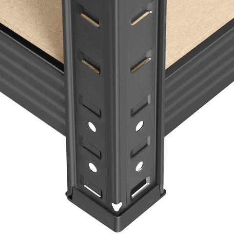 Top Shelf Five Tier Storage Rack Two Pack Hella Sturdy Adjustable Shelving Unit Flexible Utility Shelf For Garage Basement No Fuss Organization Sleek Dark Gray corner angle showing sturdy metal frame and wood panel of shelving unit