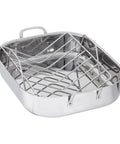 Heavy Gauge Stainless Steel Rectangular Roasting Pan With V Shape Rack Big Bird Turkey Roaster Oven Safe Dishwasher Ready 16 Inch with sturdy handles.