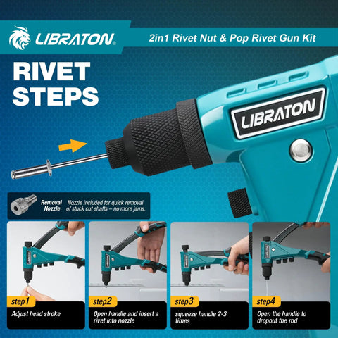 Two In One Rivet Nut And Pop Rivet Gun Kit With Eight Mandrels For Metric And SAE And Four Nose Pieces 2.4 To 4.8mm usage steps