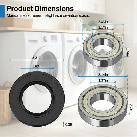Premium Washer Tub Bearing And Seal Kit For Front Load Washers with dimensions shown next to washers, displaying sizes and materials.