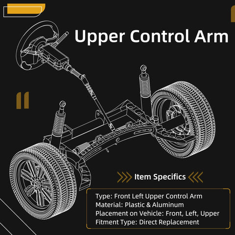Diagram of front left upper control arm for Tesla Model 3 2017-2021 and Model Y 2020-2021, made of plastic and aluminum.