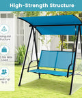 Outdoor Patio Swing For Two With Adjustable Canopy Heavy Duty Metal Frame Breathable Seat Fabric shown in a garden setting.