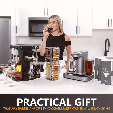 Woman using Bartesian with 48 Pod Capsule Holder Carousel, 360 Degree Chrome Tower Stand, and cocktail glasses on counter