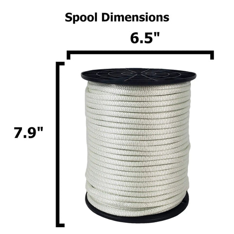 1/4 Inch Nylon Rope On 250 Ft Spool, Solid Braid Utility Cord, Heavy Duty, UV Resistant, shown with spool dimensions of 6.5" x 7.9"