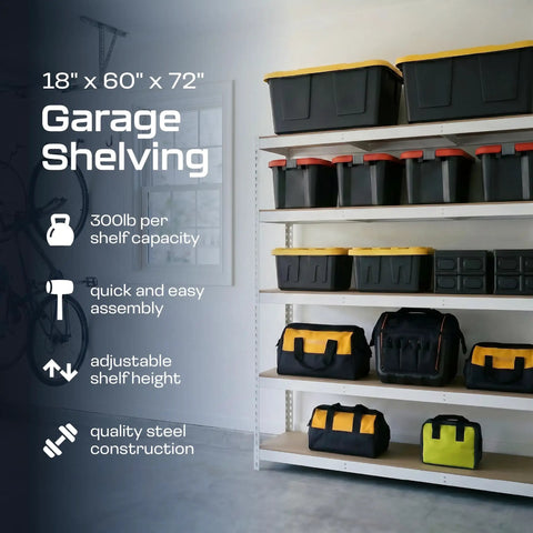 Slick Modular Garage Shelving Rack Featuring Five Heavy Duty Steel Shelves And Bright White Finish Zero Sweat Assembly Top Shelf Home Storage Organizer 18 By 60 By 72 Inches with storage bins and tools.