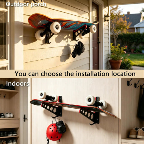Heavy Duty Metal Snowboard Rack And Ski Wall Mount With Bottom Hooks To Stack Longboards And Skateboards Vertically Takes Zero Floor Space Built Tough For The Daily Shred displayed outdoors and indoors.