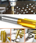 Two Piece 8-32 UNC Thread Tap Set For Metalworking M2 High Speed Steel Right Hand Milling Tap With Titanium Plating, 58mm Length, in use and close-up views